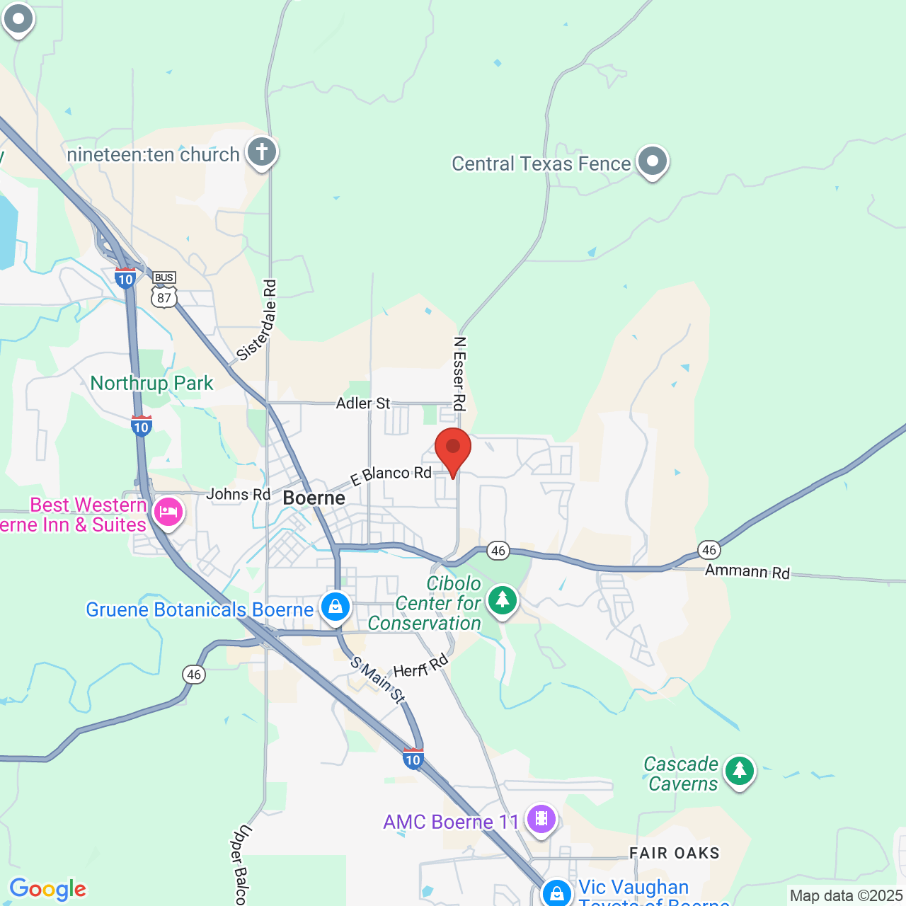 Google map image of our location in 1415 E Blanco Rd Boerne, TX